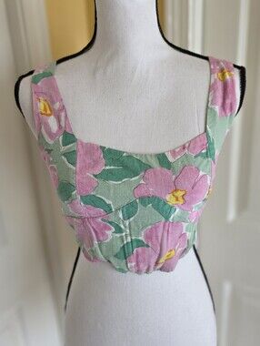NUNUI FLORAL LINEN HALTER TOP, SIZE 10